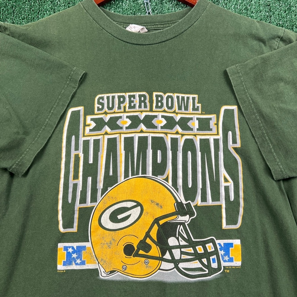 VTG Tour Champ T-Shirt Mens XL Green Super Bowl XXXI Packers Helmet Graphic 90s